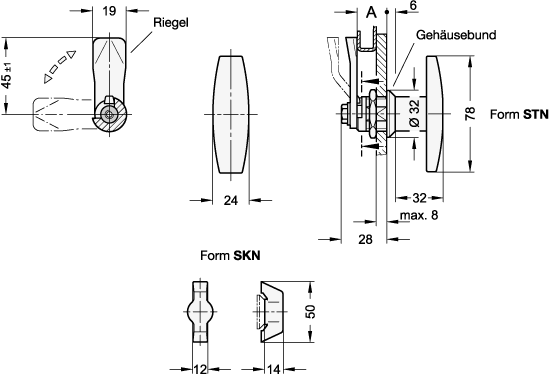 Ganter 115-SKN-10-A4  Verriegelungen, Edelstahl A4, Betätigung mit Edelstahl-Bedienelementen, Riegelabstand A: 10, Form: SKN - mit Knebel, RoHS: Ja - GN 115 Verriegelungen - Edelstahl A4 - Betaetigung mit Edelstahl-Bedienelementen - Massblatt