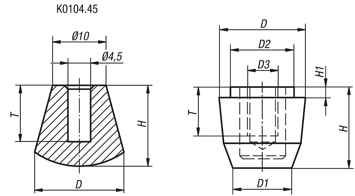 Kipp K0104.45 NEOPREN DRUCKSTÜCK, Bohrung M4,5, H=10 - K0104 Druckstuecke aus Neopren - Massblatt