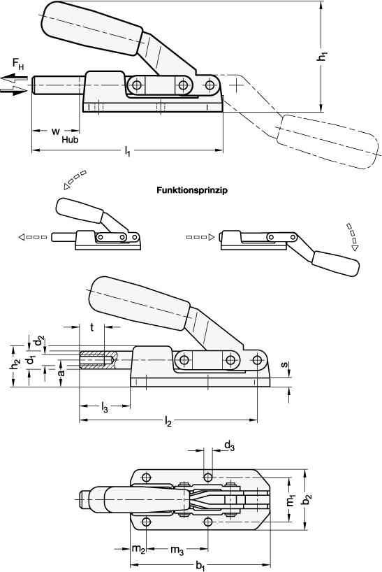 Ganter 842-160-AS-NI  Schubstangenspanner, Edelstahl, für Druck- und Zugspannung, Grösse: 160, Form: AS - Grundkörper geschmiedet, FH in N Haltekraft: 2800 - GN 842 Schubstangenspanner - Edelstahl - fuer Druck- und Zugspannung - Massblatt