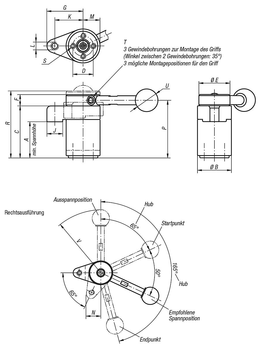 Norelem 04366-104540 SCHWENKSPANNER OHNE GRIFF, SPANNEN UHRZEIGERSINN - NLM 04366-RA Schwenkspanner - Rechtsausfuehrung - Massblatt