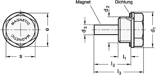 Ganter 738.1-19-G1/4-ES Magnetstopfen, Aluminium, Viton Dichtung, beständig bis 180 °C, schwarz eloxiert - GN 738-1 Magnetstopfen - Aluminium - Viton Dichtung - bestaendig bis 180 Grad C - schwarz eloxiert-Skizze