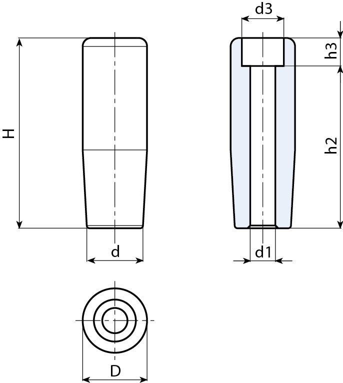 Leschhorn M139 Zylindergriffe  H 88; d 22,5; Bohrung d1 8,5; Kunststoff PA, schwarz - Boteco M139 Zylindergriffe