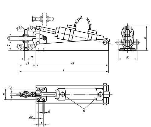 Kipp K0090.0250 PNEUMATIKSPANNER HORIZONTAL FORM B, P=250 daN - KIPP K0090 Pneumatikspanner horizontal Form B