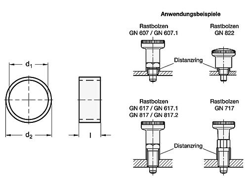 Ganter 609-10-12-10 DISTANZRING F. RASTBOLZEN 617/617.1 GR.5 - GN 609 Distanzringe fuer Rastbolzen - Rastriegel-Skizze