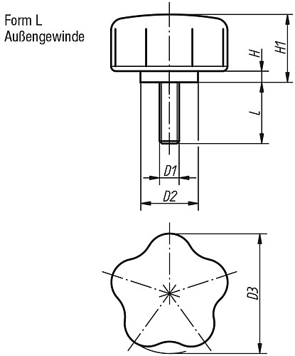 Kipp K0279.5006X25 ST FÜNFSTERNGRIFF, D3=50, M6X25 - KIPP K0279-AG Fuenfsterngriffe mit Aussengewinde