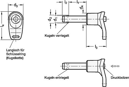 Ganter 113.11-10-100 Edelstahl Kugelsperrbolzen, Bolzen Werkstoff Nr. 1.4305 - GN 113-11 Edelstahl Kugelsperrbolzen - Bolzen Werkstoff Nr- 1-4305-Skizze