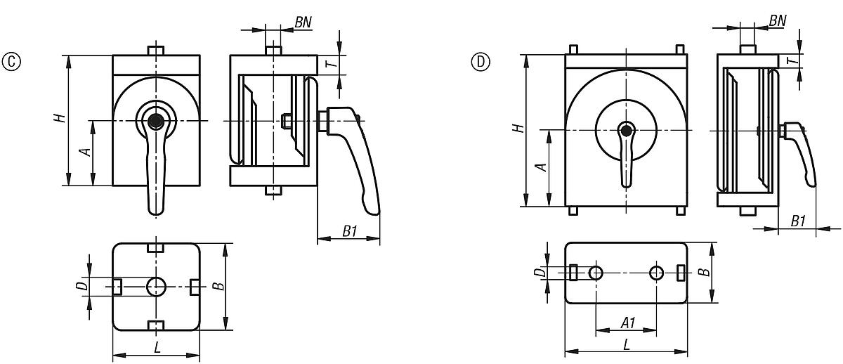 Kipp K1051.2084080 GELENKSTÜCK MIT KLEMMHEBEL 80X40X100, FORM:D ALUMINIUM, TYP I, KOMP:ZINK, SCHWARZ, BN=8 - K1051-MK Gelenkstueck mit Klemmhebel - Massblatt