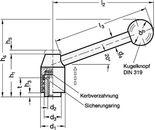 Ganter 212.5-21-M6-E EDELSTAHL SPANNHEBEL, VERSTELLBAR, SCHRÄG - GN 212-5 Verstellbare Spannhebel - Innengewinde - Edelstahl-Skizze