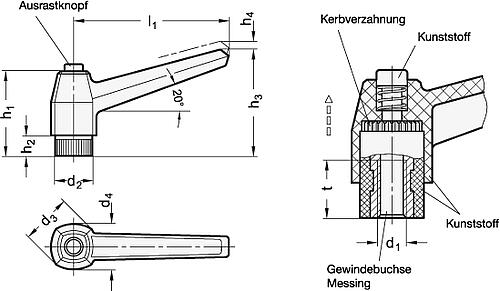 Ganter 503-100-M10-SW Verstellbare Klemmhebel, Kunststoff, mit Ausrastknopf, Buchse Messing - GN 503 Verstellbare Klemmhebel - Kunststoff - mit Ausrastknopf - Buchse Messing-Skizze