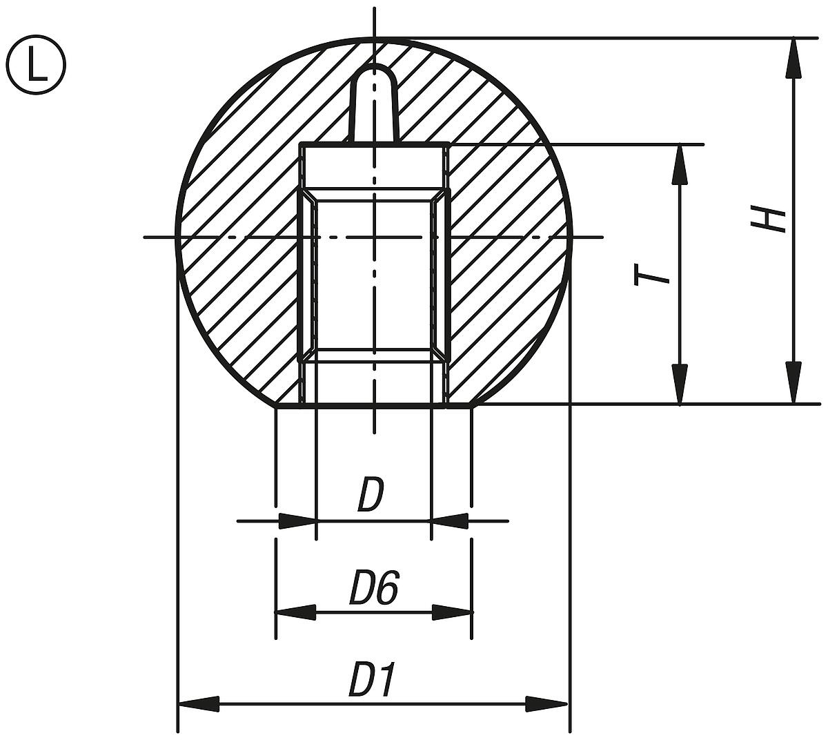 Kipp K0159.45012 KUGELKNOPF D1=50, D5=12, FORM L, DUROPLAST - K0159-L Kugelknoepfe glatt DIN 319 erweitert Form L - Massblatt