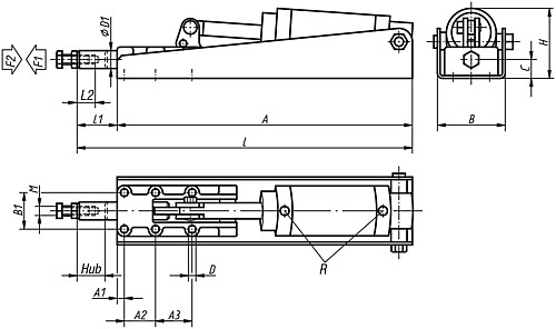Kipp K0093.0600 PNEUMATIK SCHUBSTANGENSPANNER, FORM A, P=600 daN - KIPP K0093 Pneumatik Schubstangenspanner Form A