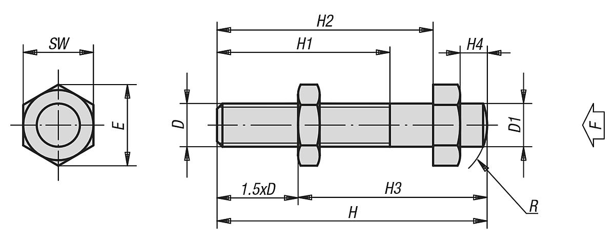 Kipp K0306.12 VERSTELLBARER AUFLAGEBOLZEN M12, MIT GEGENMUTTER - K0306 Verstellbare Auflagebolzen mit Gegenmutter - Massblatt
