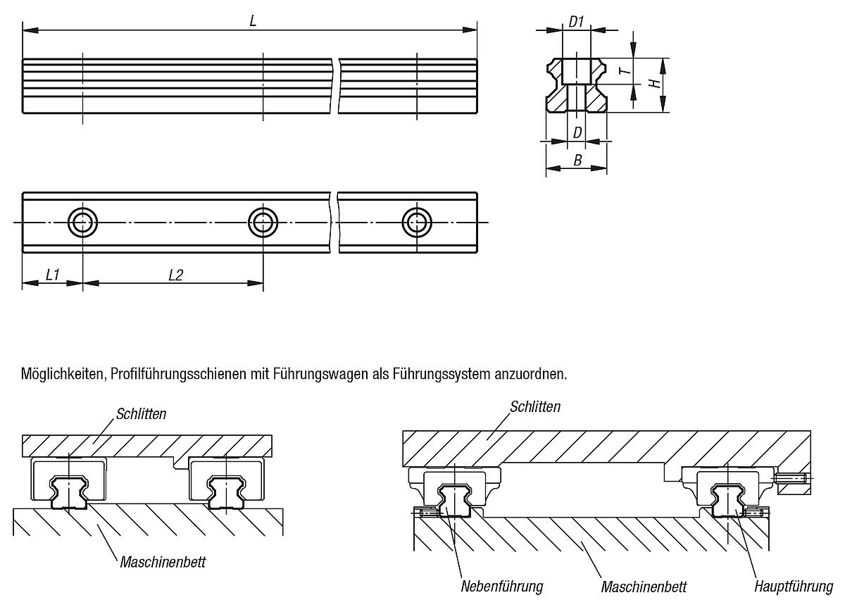 Norelem 21410-1520X0520 PROFILFÜHRUNGSSCHIENE, L=520 MM, L1=20 - LE 21410 Profilfuehrungsschienen - Massblatt