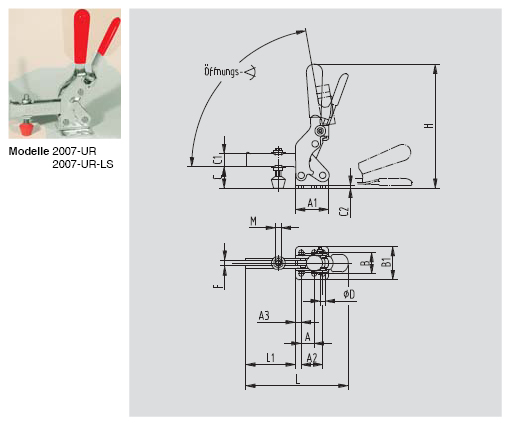 DESTACO 2007-UR Vertikal-Kniehebelspanner Haltekraft 4500 N, Öffnungswinkel 80° - 2007-UR-2007-UR-LS Vertikalspanner - U-Spannarm - Fuss abgewinkelt - ohne Spindel - mit Zusatzverriegelung