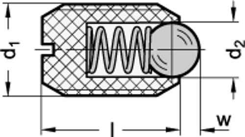 Ganter 615.2-M10-NI FED. KUNSTSTOFF DRUCKSTÜCK / NI KUGEL - GN 615-2 Federnde Kunststoff Druckstuecke - mit Kugel - mit Schlitz-Skizze
