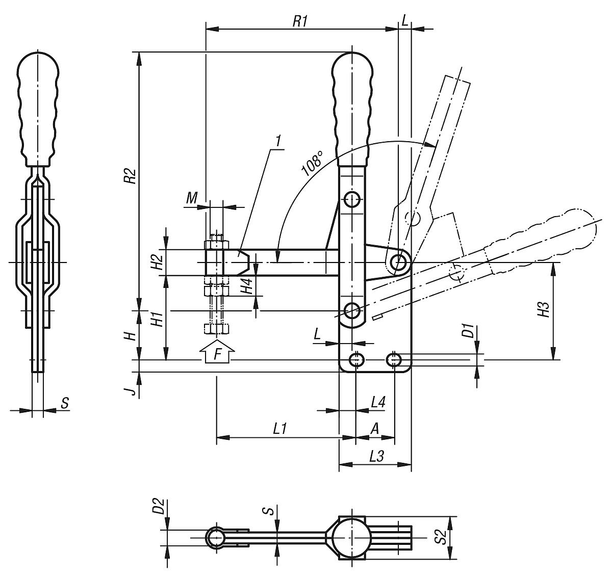 Norelem 05040-101 SCHNELLSPANNER VERTIKAL, MIT GERADEM FUSS, VOLLER SPANNARM M - NLM 05040 Schnellspanner vertikal  mit geradem Fuss und vollem Spannarm - Massblatt