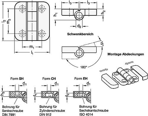 Ganter 122.2-45-50-CH SCHARNIER - GN 122-2 Scharniere ohne Raststellungen - Kunststoff-Skizze
