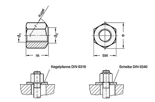 DIN 6330-M10-B-NI EDELSTAHL SECHSKANTMUTTER - DIN 6330 Sechskantmuttern - kugelige Auflageflaeche - Edelstahl-Skizze