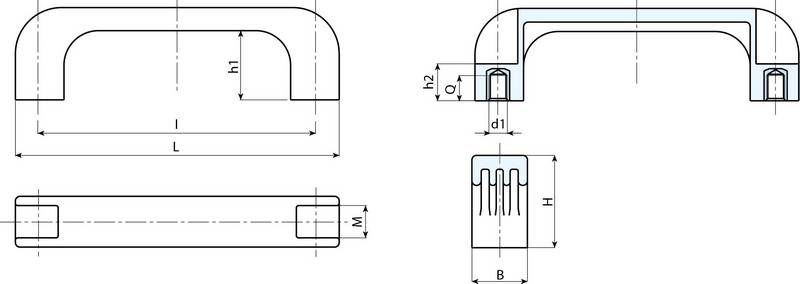 Leschhorn B226 Bügelgriffe  l 117; L 140; Gewinde d1 M6; Kunststoff PA (UL94-VO), selbstlöschend, schwarz - Boteco B226 Buegelgriffe