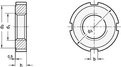 Leschhorn 07601.052X1.5 EDELSTAHL NUTMUTTER, DIN 1804,, M52X1,5, A2, UNGEHÄRTET/UNGESCHLIFFEN - DIN 1804 Nutmuttern - Edelstahl-Skizze