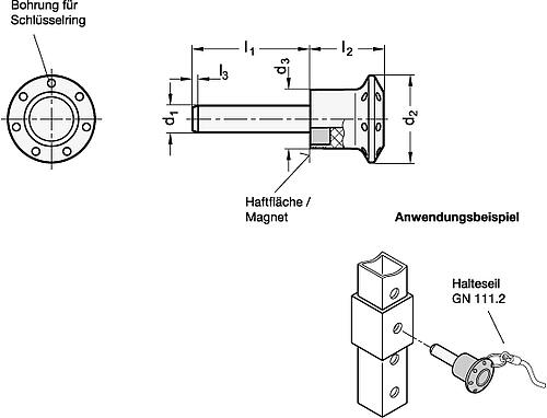 Ganter 124.1-8-17 Edelstahl Steckbolzen mit Axialsicherung (magnetisch) - GN 124-1 Edelstahl Steckbolzen mit Axialsicherung - magnetisch - Skizze