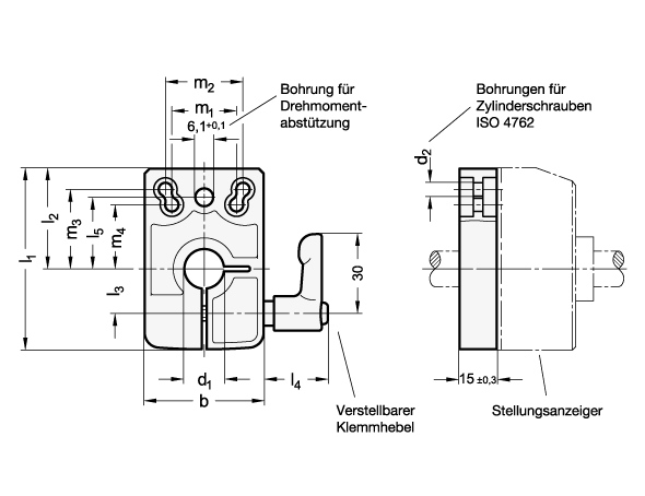 Ganter 9054.6-33-B10  Klemmplatten, Zink-Druckguss, für Stellungsanzeiger GN 9054 / GN 9154, Breite b: 33, Bohrung d1: B 10, d2: 4.5 - GN 9054-6 Klemmplatten-Zink-Druckguss-fuer Stellungsanzeiger GN 9054-GN 9154-Massblatt