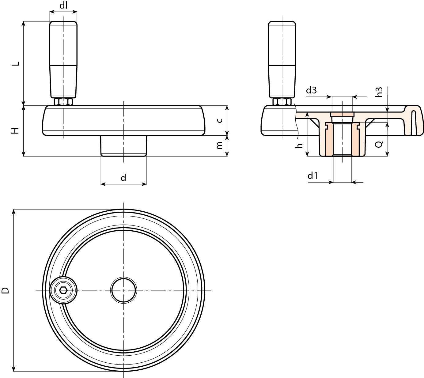 Leschhorn C193 Scheibenhandräder mit drehbarem Griff  D 202; Bohrung 20H7; d 44; schwarz - Boteco C193 Scheibenhandraeder - Griff ungleich Abbildung