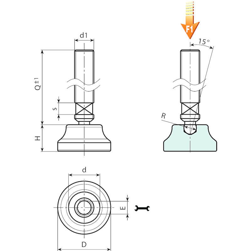 Leschhorn P820 Gelenkfüße  D3  19; d 13; Gewinde d1 M08; Kunststoff PA, schwarz, - LE P820 Gelenkfuesse - Kunststoff-Skizze