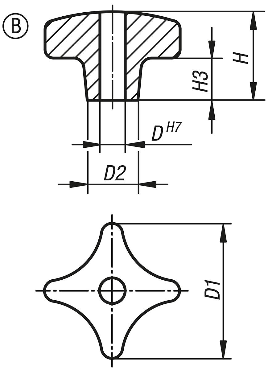 Kipp K0147.206 KREUZGRIFF GG, FORM B, D1=32, D4=6 - K0147-B Kreuzgriffe DIN 6335 aus Grauguss - Form B - Massblatt