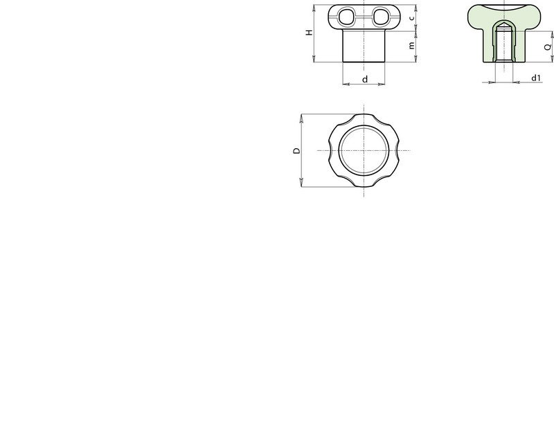 Leschhorn F110 Sterngriffe  D 22; d 12; Gewinde d1 M04; Kunststoff PA, schwarz, Gewindebuchse Messing - LE F110 Sterngriffe-EcoLine-Massblatt