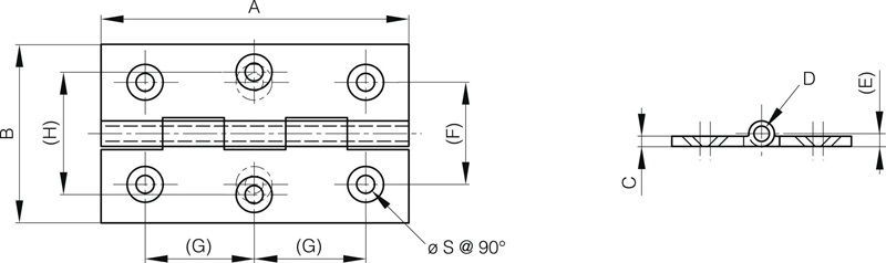 Leschhorn 72-7-3663 Messingscharniere mit 6 Bohrungen, A= 40mm, B= 35mm - LE 72-7 Messingscharniere mit 6 Bohrungen-Skizze