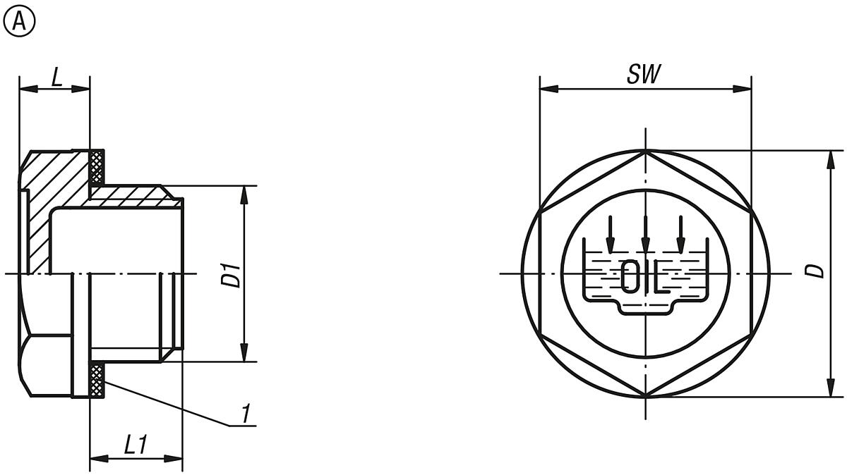 Kipp K0454.1524015 SECHSKANT VERSCHLUSSSCHRAUBEN, D=52, D1=M40X1,5, FORM A - K0454-A Sechskant Verschlussschrauben Form A - Massblatt