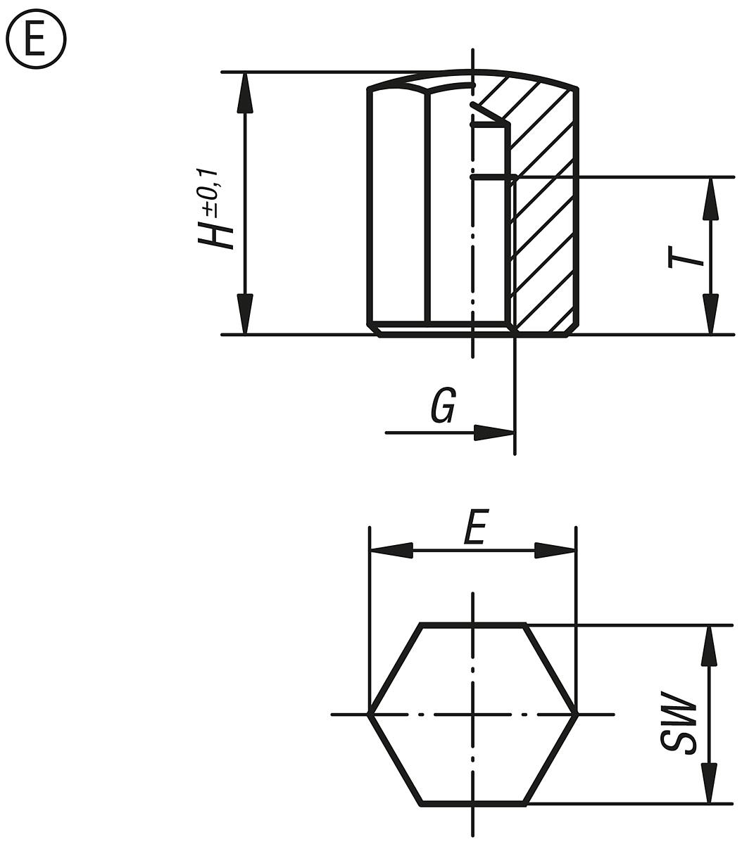 Norelem 02040-515 POSITIONSFUß, FORM:E, AUTOM.STAHL BRÜN. U. EINSATZGEHÄRTET, SW=17 - NLM 02040-E Positionsfuesse mit Innengewinde Form E - Massblatt