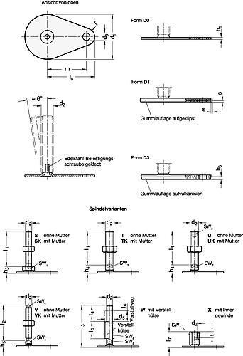 Ganter 43-60-M16-37-D1-X EDELSTAHL-STELLFUß MIT BEFESTIGUNGSLASCHE - GN 43 Edelstahl Stellfuesse mit Befestigungslasche - Tropfenform-Skizze