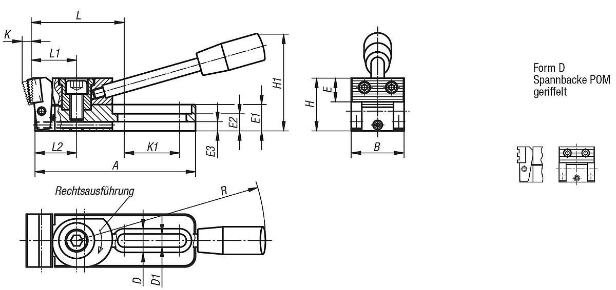 Kipp K0034.010040 NIEDERZUGSPANNER FORM D, LINKSAUSFÜHRUNG - K0034-D Niederzugspanner Form D - Massblatt