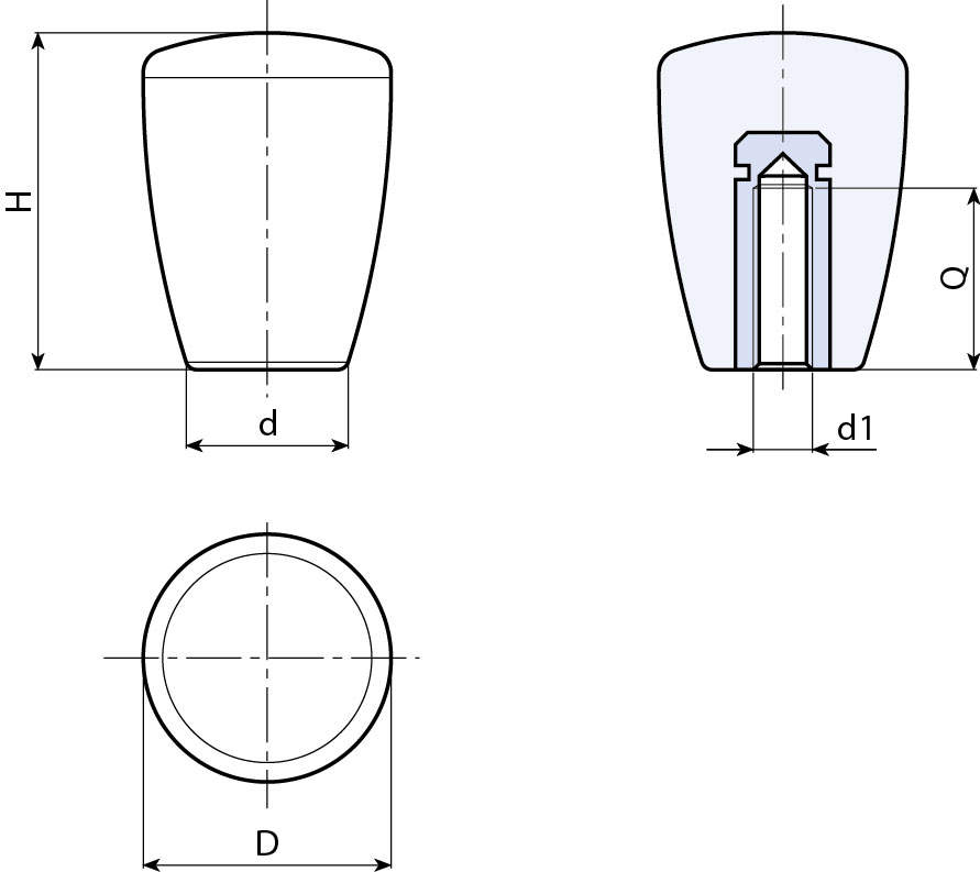 Leschhorn I107 Konusknöpfe  D 21; d 13; Gewinde d1 M4; Kunststoff PA, schwarz, Gewindebuchse Messing - LE I107 Konusknoepfe - Kunststoff - Gewindebuchse Messing-EcoLine-Massblatt