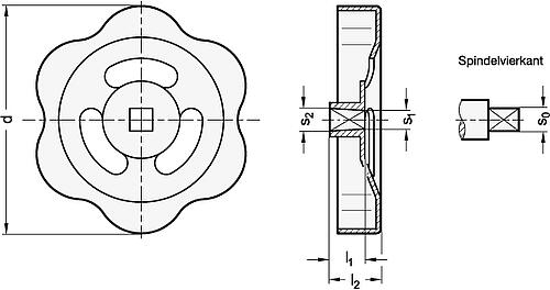 Ganter 227.6-ST-60-V7-RT Handrad aus Stahlblechrot, RAL 3000, matt - LE70001-227-6-Stahlblech-Handraeder-fuer-Armaturen-Skizze