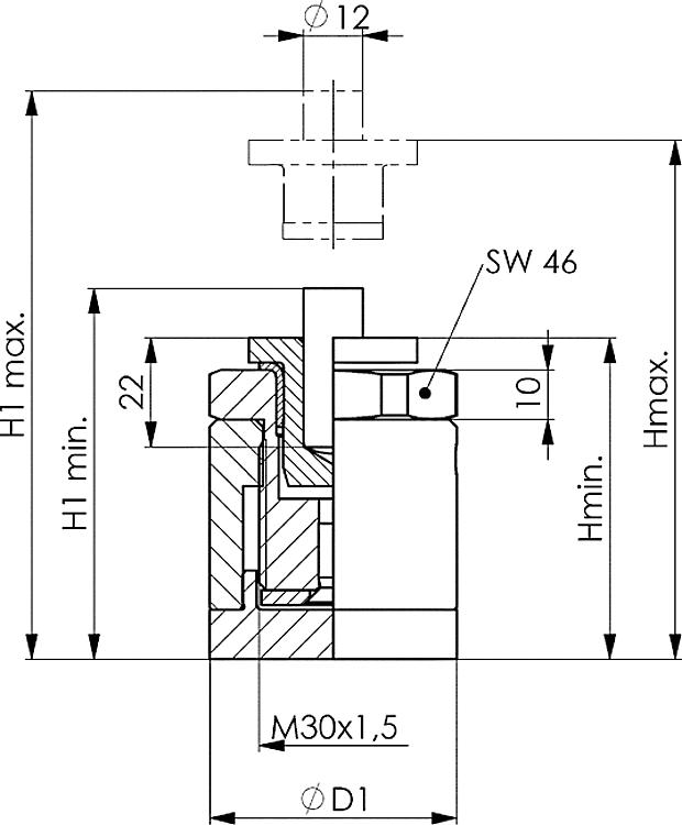 AMF 6416- 85 Höhen-Richtschraubbock mit Magnetfuß, Größe : 85, H min.: 65, H max.: 85, D1: 50, F max.: 30 kN - LE 6416 85 Hoehen-Richtschraubbock mit Magnetfuss-Skizze