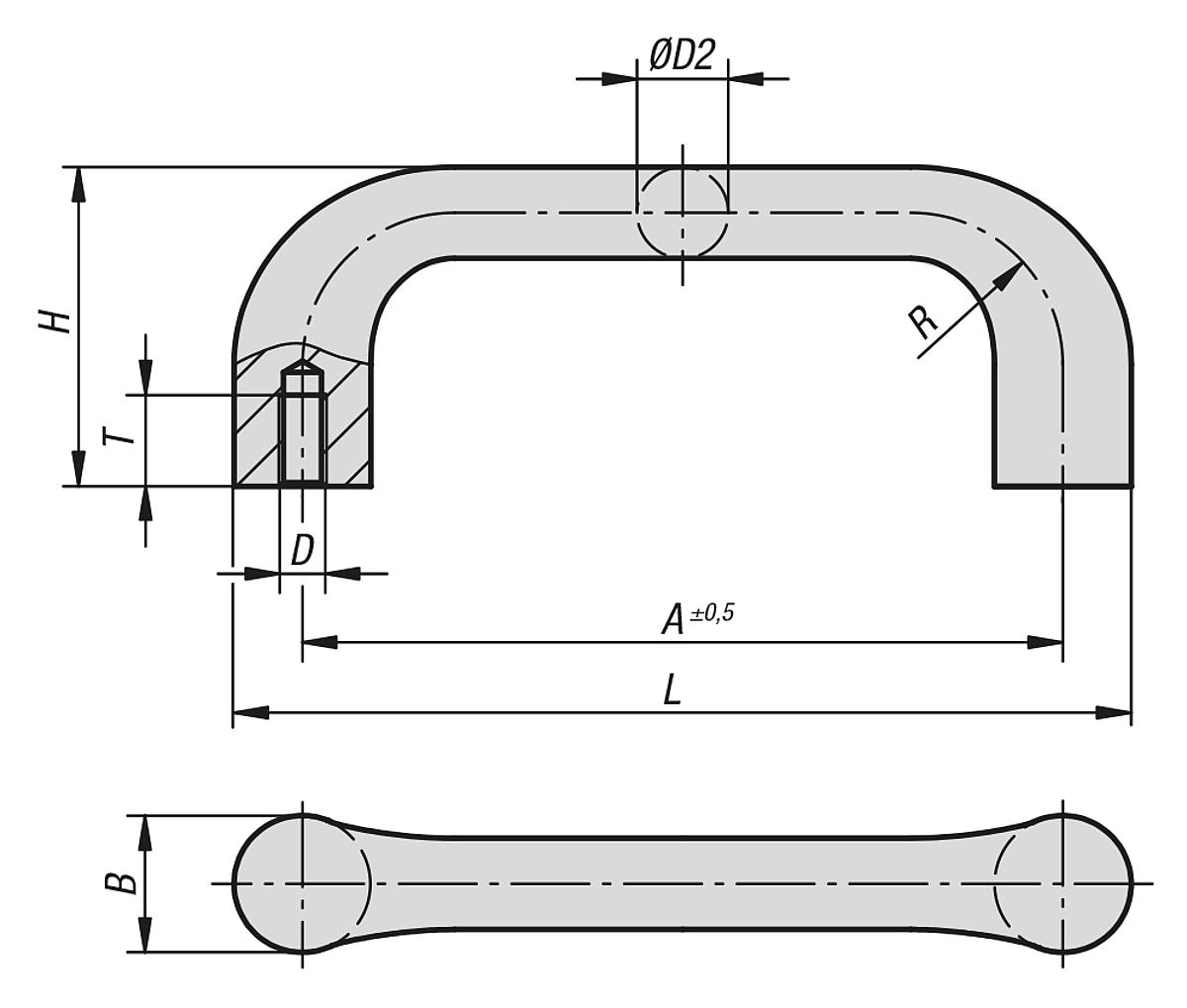 Kipp K0186.14012 BÜGELGRIFF A=140, M12, GEROMMELT, BLANK - K0186 Buegelgriffe - Massblatt