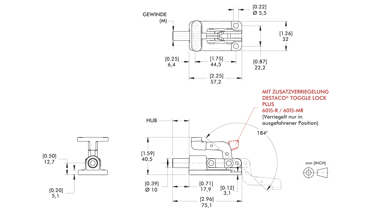 DESTACO 6015-M Schubstangenspanner, Haltekraft 2500N, Hub 17,8mm, metrisches Gewinde M6, Material Stahl - destaco-6015-m-schubstangenspanner-massblatt