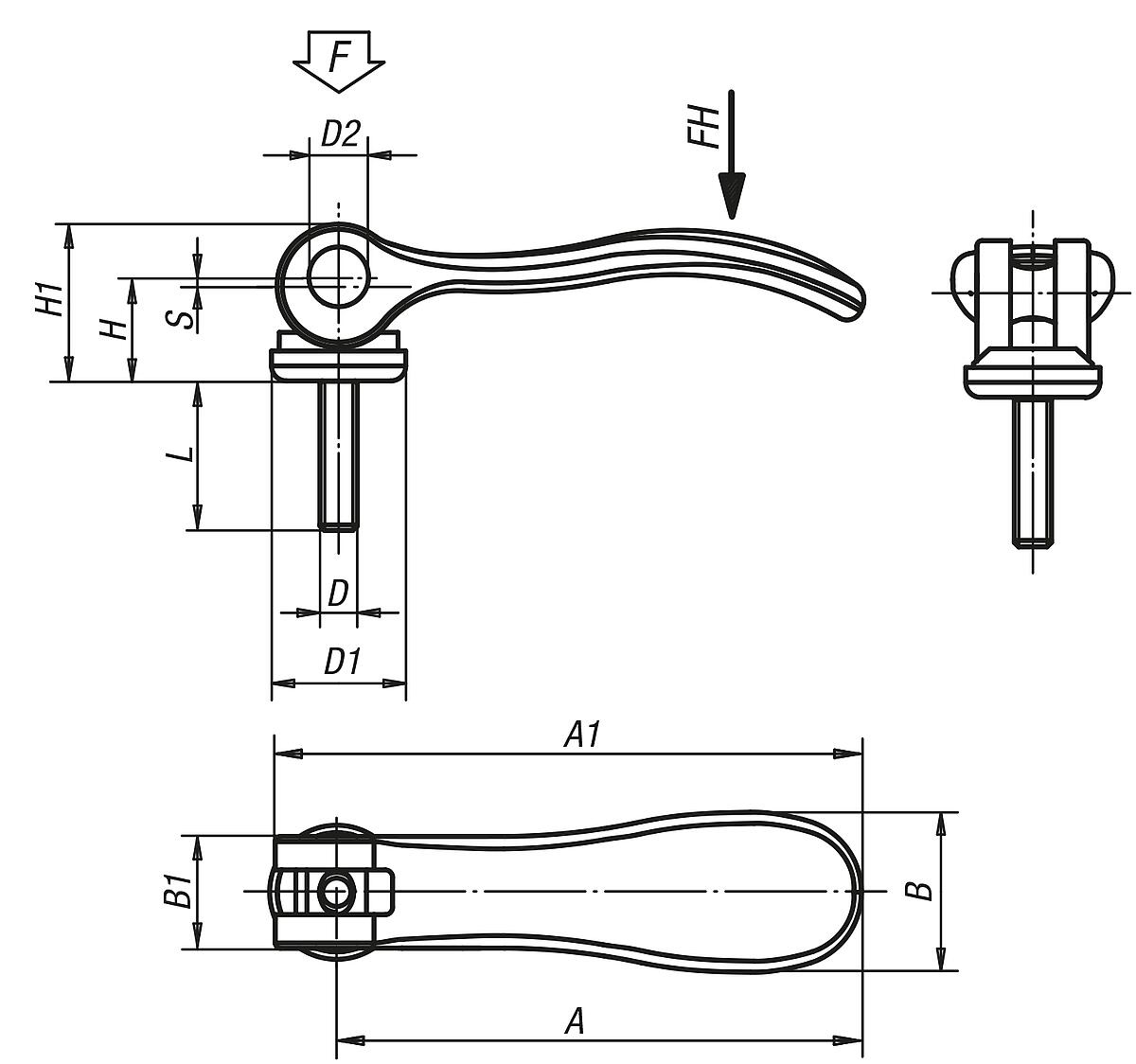 Kipp K0005.2501108X50 EXZENTERHEBEL GR.2 M8X50, MIT ALUMINIUMGRIFF - K0005-AG Exzenterhebel mit Aussengewinde - Massblatt