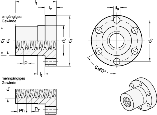 Ganter 103.1-10X2-LH-RG  Trapezgewindemuttern, Rotguss, ein- und mehrgängig, mit Flansch, d1 x P: 10 x 2, Steigungsrichtung: LH - Linksgewinde, d2: 25 - GN 103-1 Trapezgewindemuttern - Rotguss - ein- und mehrgaengig - mit Flansch - Massblatt