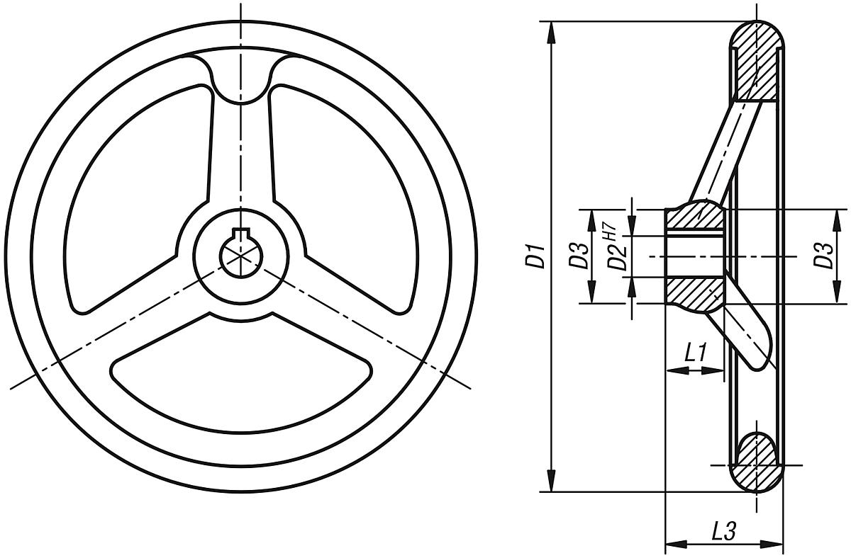 Norelem 06271-0250X22 HANDRAD DIN 950, GG, O.GR.O.NUT, D1=250, D2=22 - NLM 06271-OG Handraeder DIN 950 aus Grauguss - ohne Ballengriff  - Massblatt