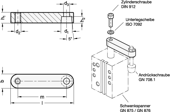 Ganter 875.3-AL-12-48-HE  Spannarme mit Gewindebohrung, für Schwenkspanner GN 875 / GN 876, d1: 12, m: 48, Oberfläche: HE - harteloxiert - GN 875-3 Spannarme mit Gewindebohrung - fuer Schwenkspanner GN 875 - GN 876 - Massblatt