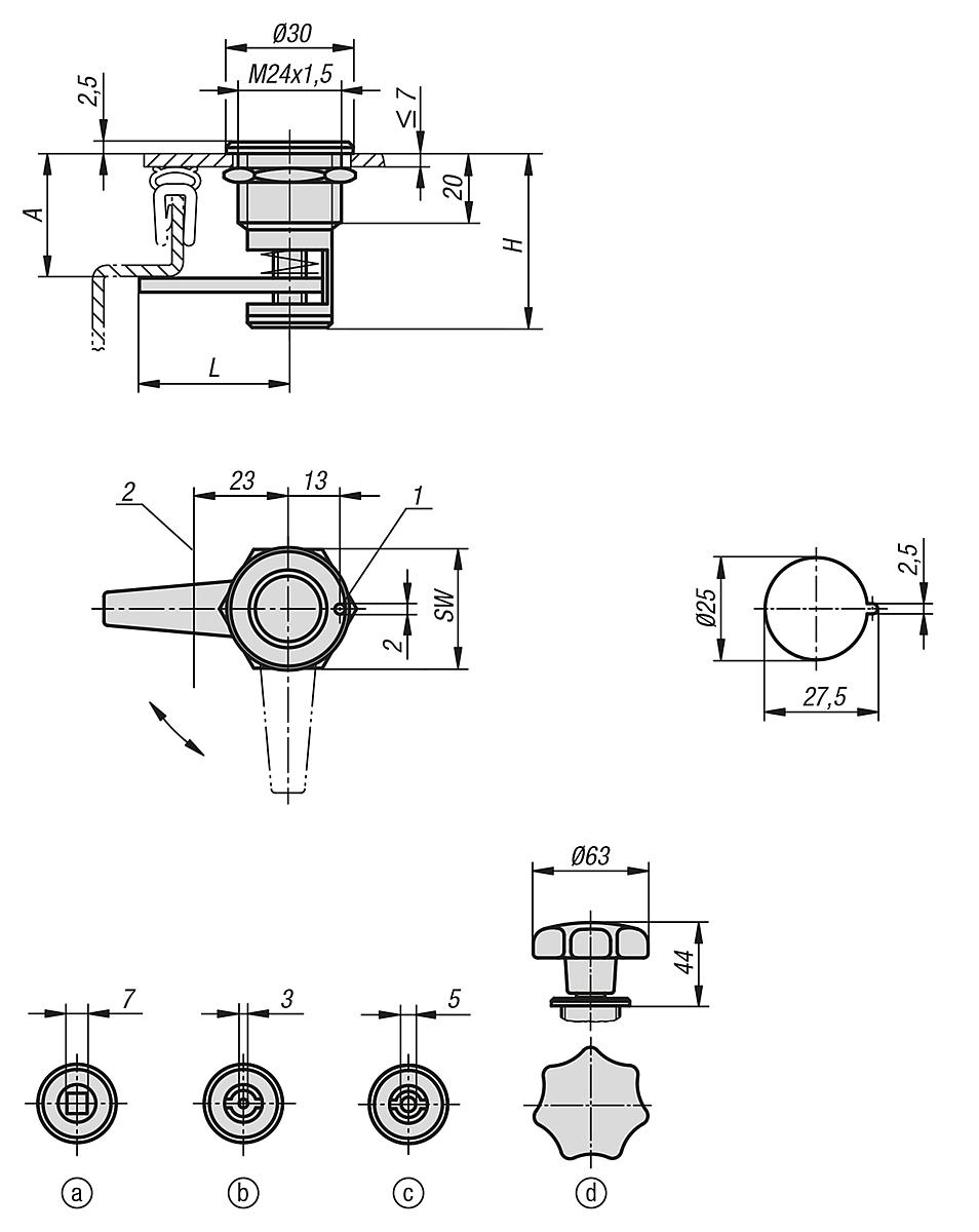 Kipp K0528.5033401 KOMPRESSIONS DREHRIEGEL, A=33 40 STERNGRIFF - K0528 Kompressions Drehriegel mit variablem Anzugsweg - Massblatt