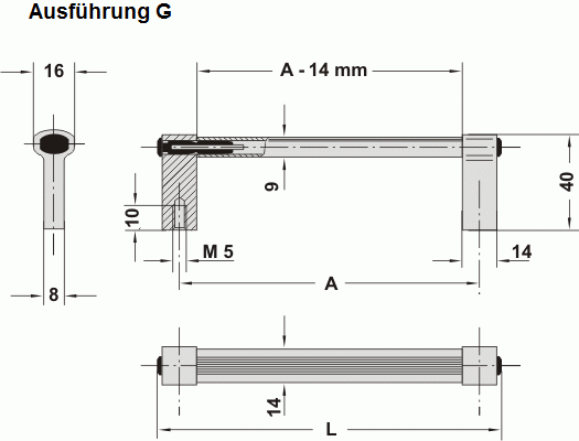 Leschhorn A1-14.G069.S04 gerade Griffe für 19" Technik Typ G, A 69, schwarz eloxiert - Griff aus Einzelelementen, komplett montiert - Zeichnung A1-14 Typ G -Aluprof Griffserien - mit geradem Schenkel