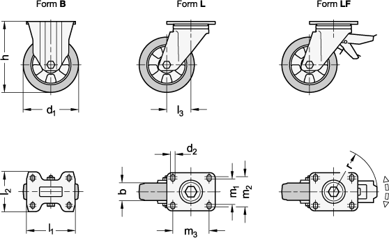 Ganter 22875-100-K-B-M-ST  Transportrollen, Laufbelag Gummi, Radkörper Aluminium, mittelschwere Ausführung, Raddurchmesser d1: 100, Lagerart: K - Kugellager, Form (Gehäuse): B - Bockrolle - GN 22875 Transportrollen-Laufbelag Gummi-Radkoerper Aluminium-mittelschwere Ausfuehrung-Massblatt