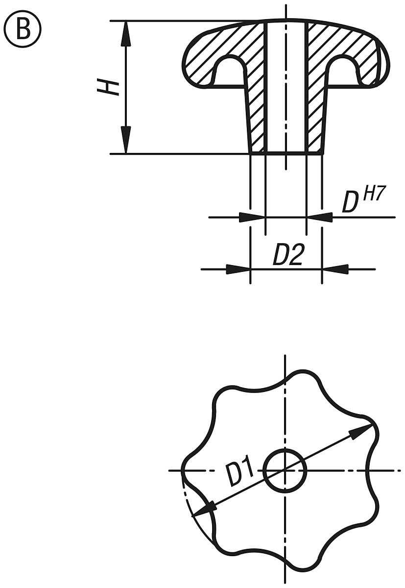 Kipp K0149.250102 STERNGRIFF FORM B, D1=50, D4=10H7, ALU, POLIERT - K0149-B Sterngriffe aehnlich DIN 6336 aus Aluminium - Form B - Massblatt