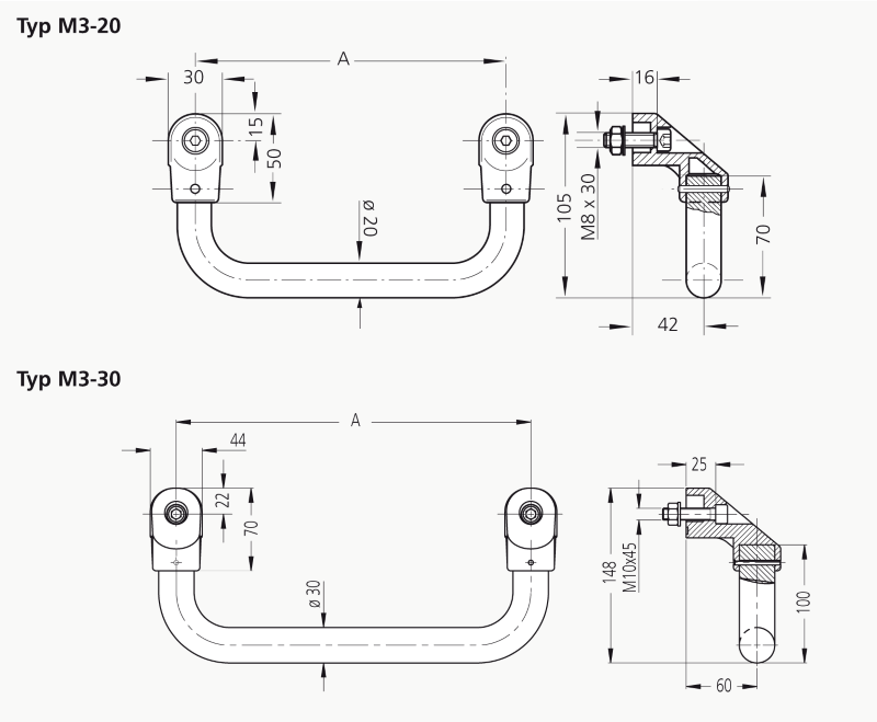 Leschhorn M3-30.A400.54   Maschinengriff abgewinkelt, frontseitige Schraubmontage A 300,  Schenkel schwarz / Rohr schwarz pulverbeschichtet Griff aus Einzelelementen, komplett montiert - LE M3 Griffserie abgewinkelte Maschinengriffe - Massblatt