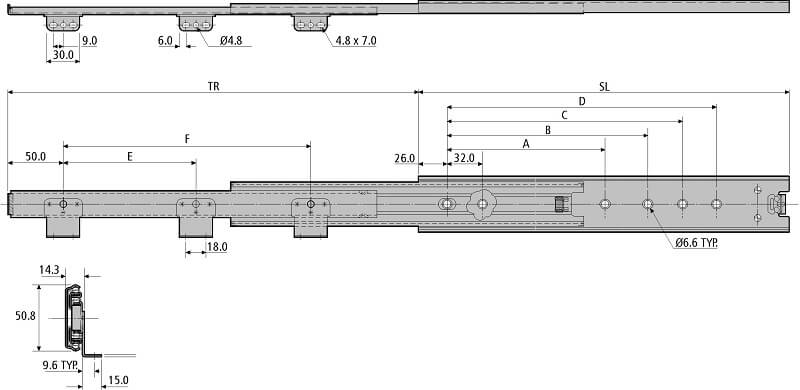 Accuride DZ3301-6045 Teleskopschienen mit Winkel 100%+ Überauszug, 14,3x50,8, SL 450, TR 498,0, 58kg, hell verzinkt - Accuride DZ3301-60 Teleskopschienen mit Winkel - Ueberauszug - 14 3x50 8 - 68kg - TZ